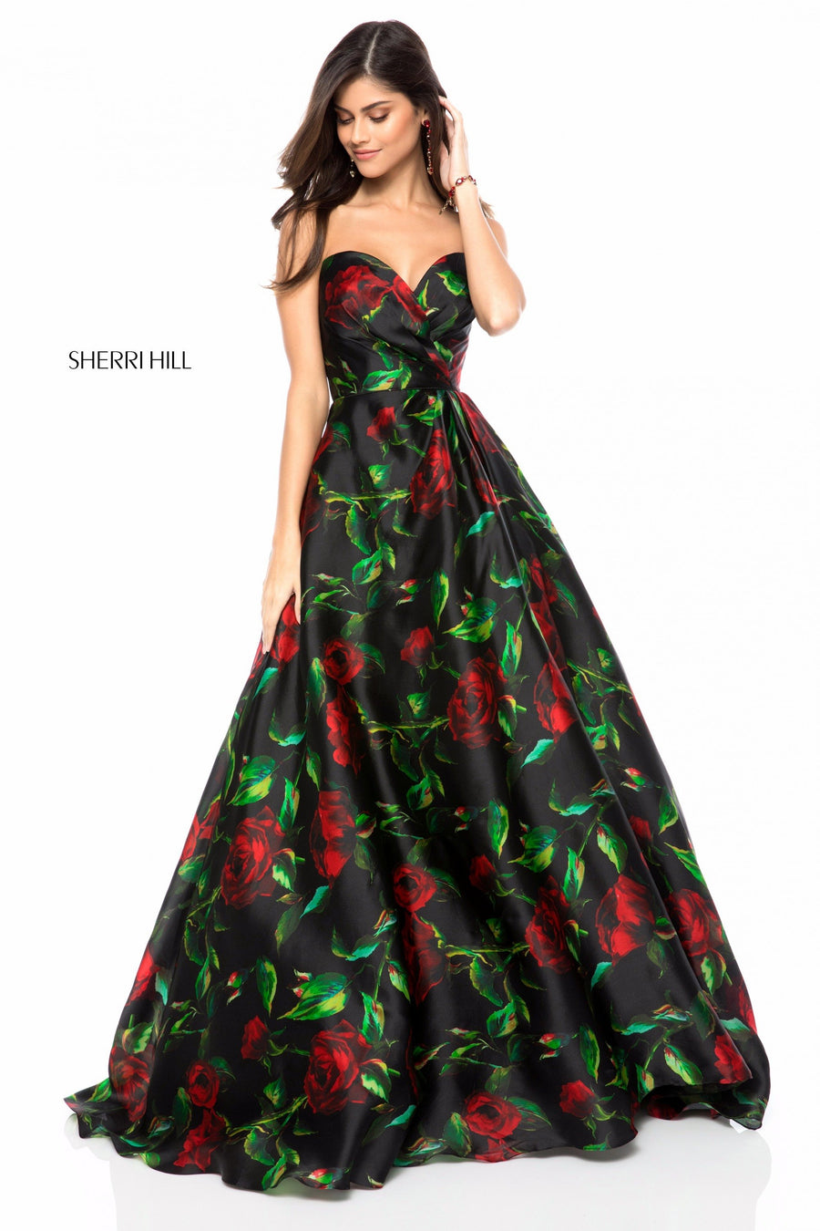 Sherri Hill style 51803 in black/red print, Satin A-Line Gown with Sweetheart Bodice