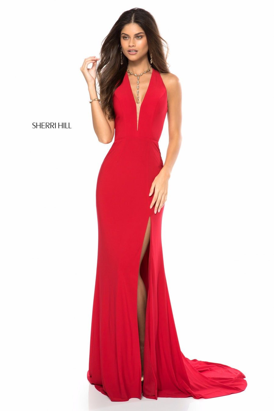 Sherri Hill style 51806 in dark green, Deep V Jersey Gown