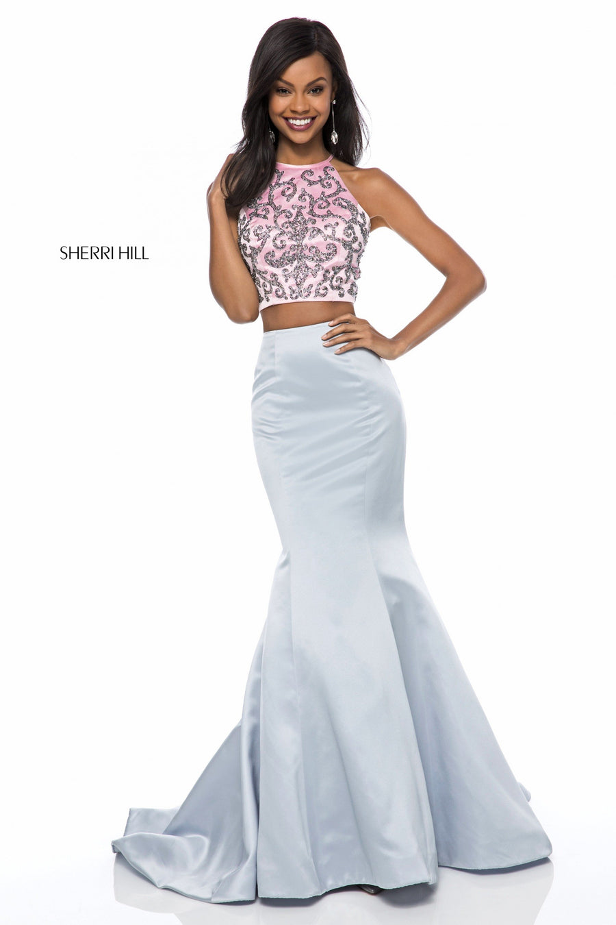 Sherri Hill style 51837 in pink/silver, Satin Two Piece Mermaid Skirt