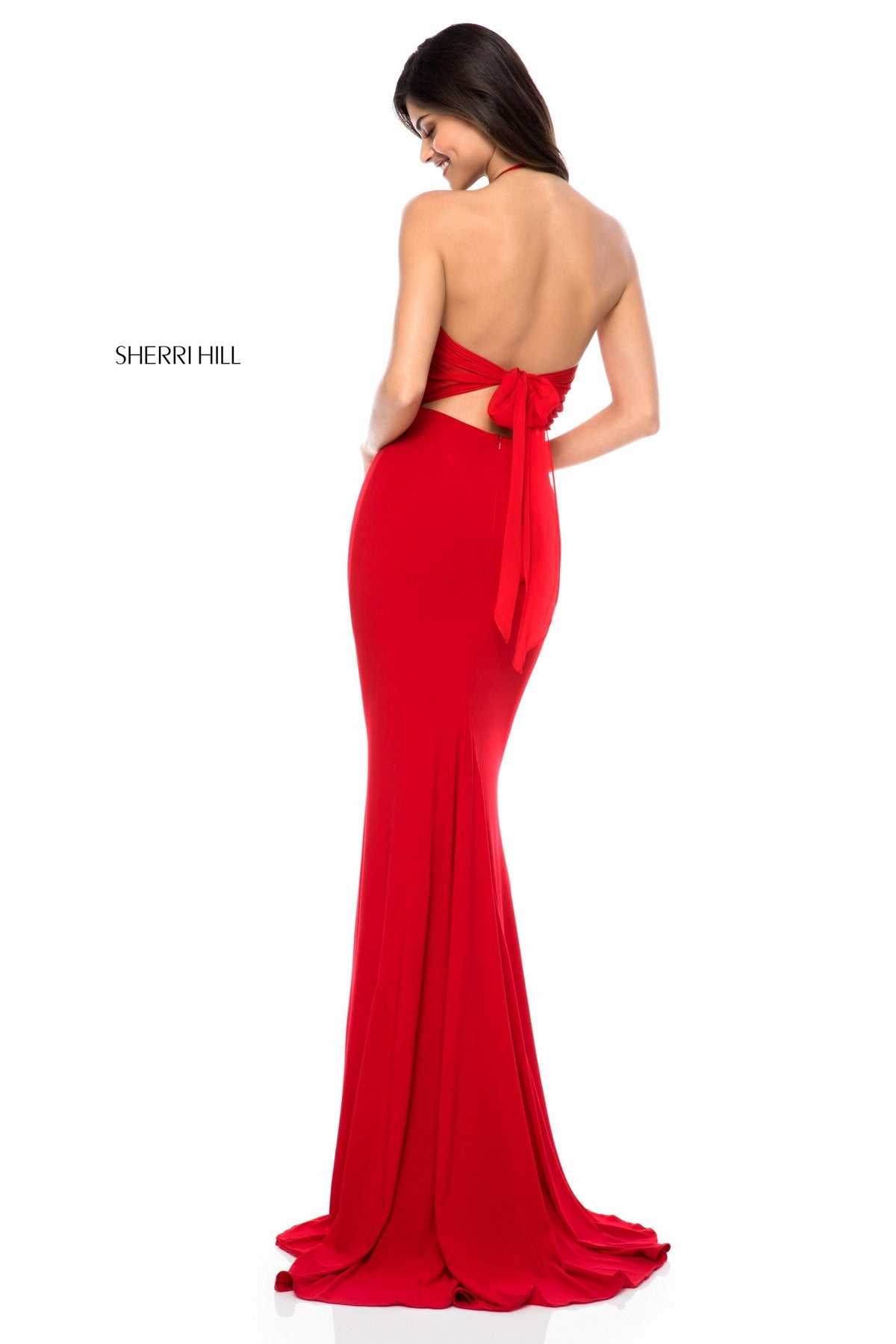Sherri Hill 51844 appliqued halter bodice with jersey skirt