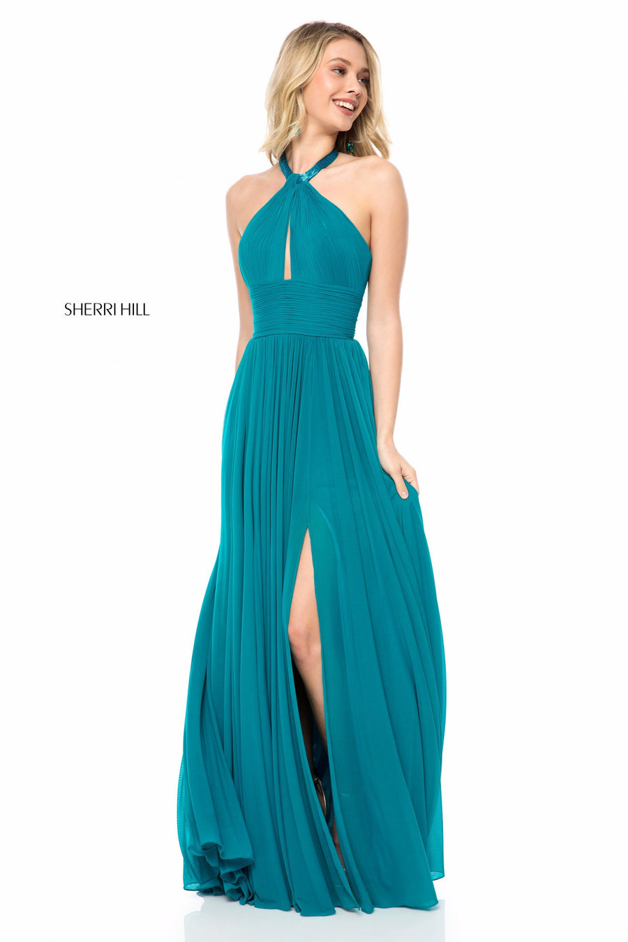 Sherri Hill style 51902 in teal, Chiffon Gown with Halter