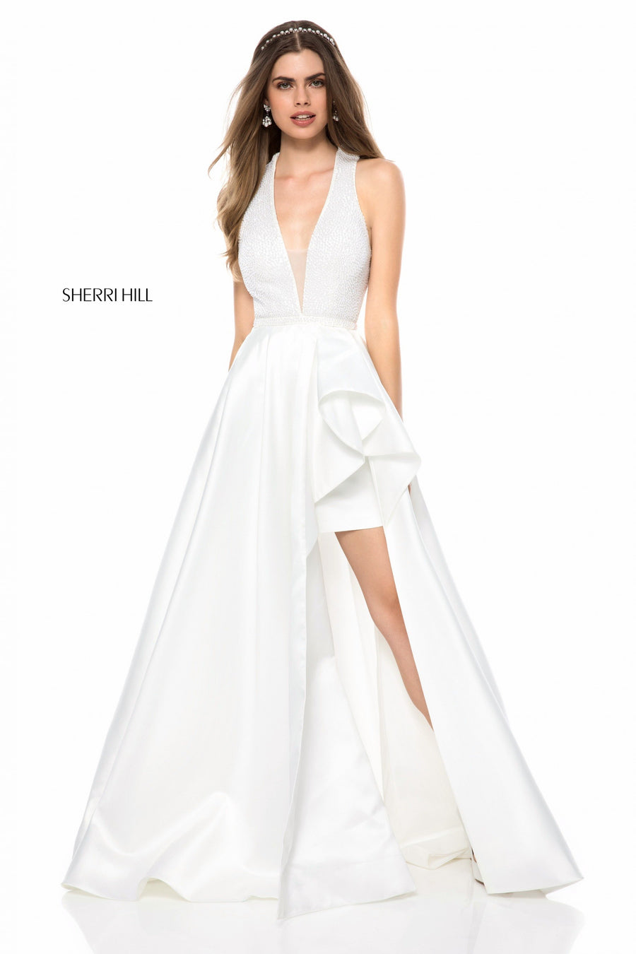 Sherri Hill style 51919 in ivory, Deep V Bodice with Satin Ruffle Slit Skirt