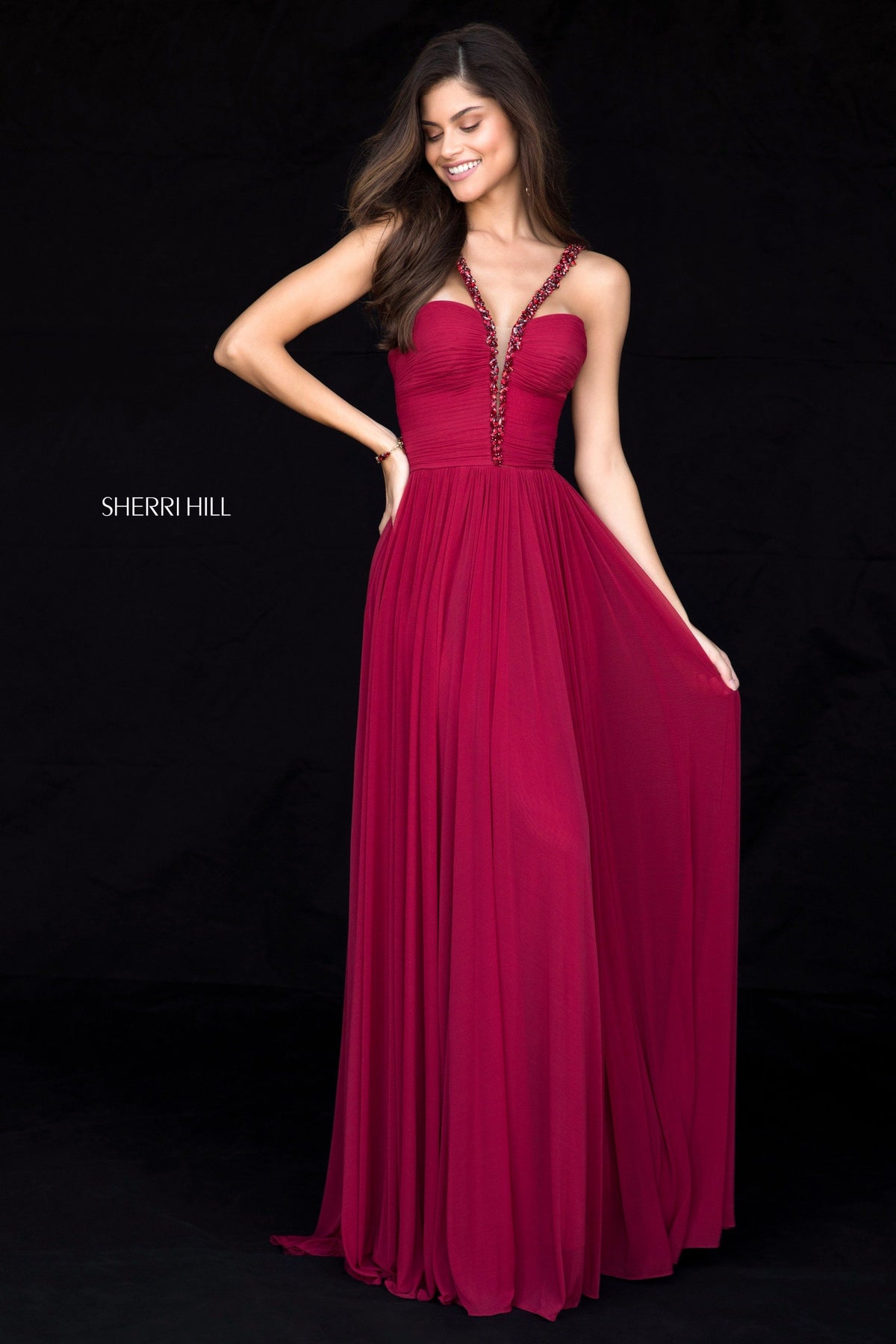 Sherri Hill 51933 chiffon gown with beaded V-neck straps in wine