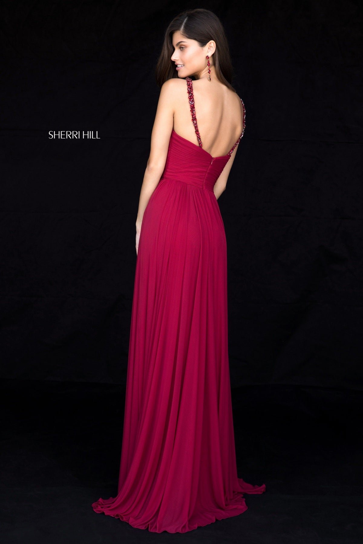Sherri Hill 51933 chiffon gown with beaded V-neck straps