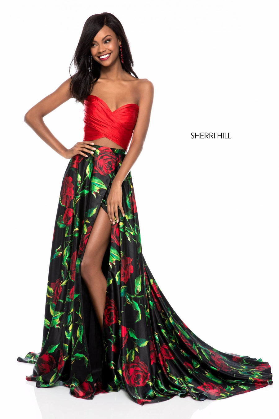 Sherri Hill style 51937 in red/black print, Satin Two Piece Floral A-Line Skirt
