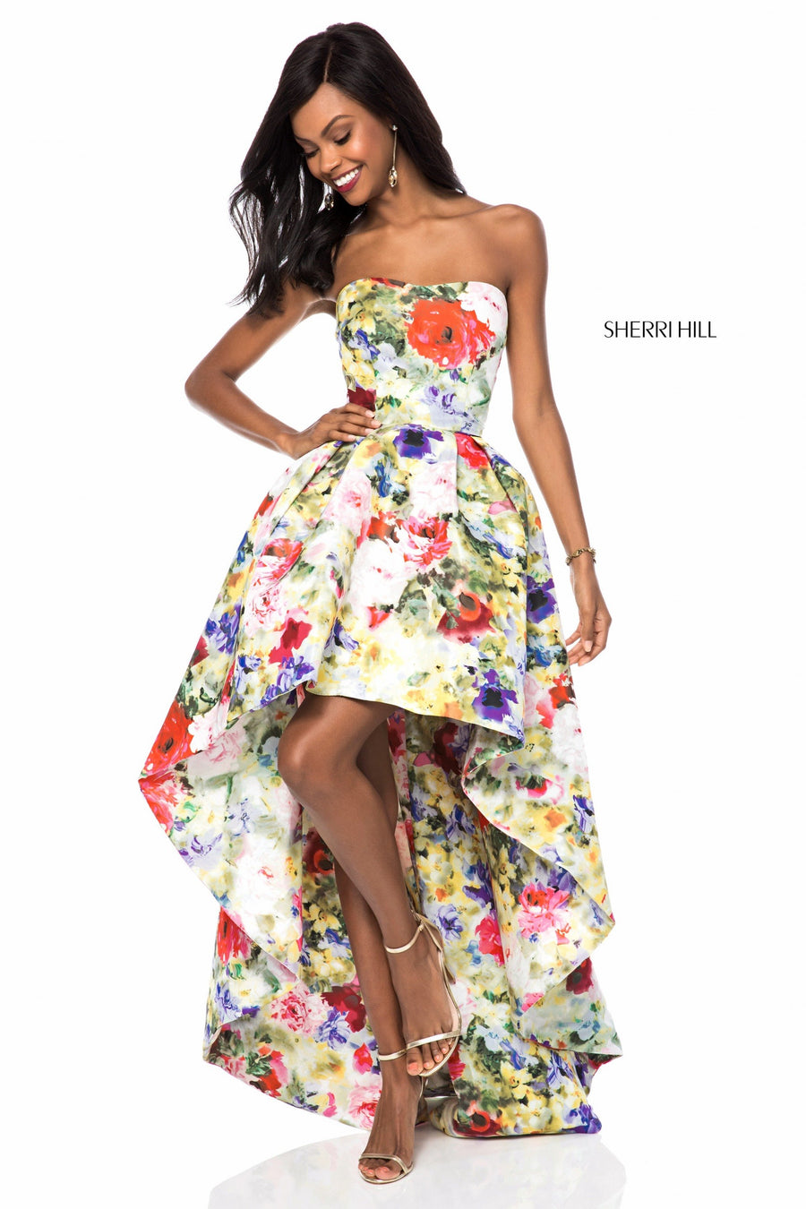 Sherri Hill style 51968 in print, Strapless Tafetta High-Low Gown