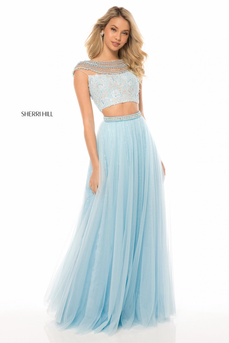 Sherri Hill style 51973 in light blue, Two Piece Tulle Skirt with Beaded Belt