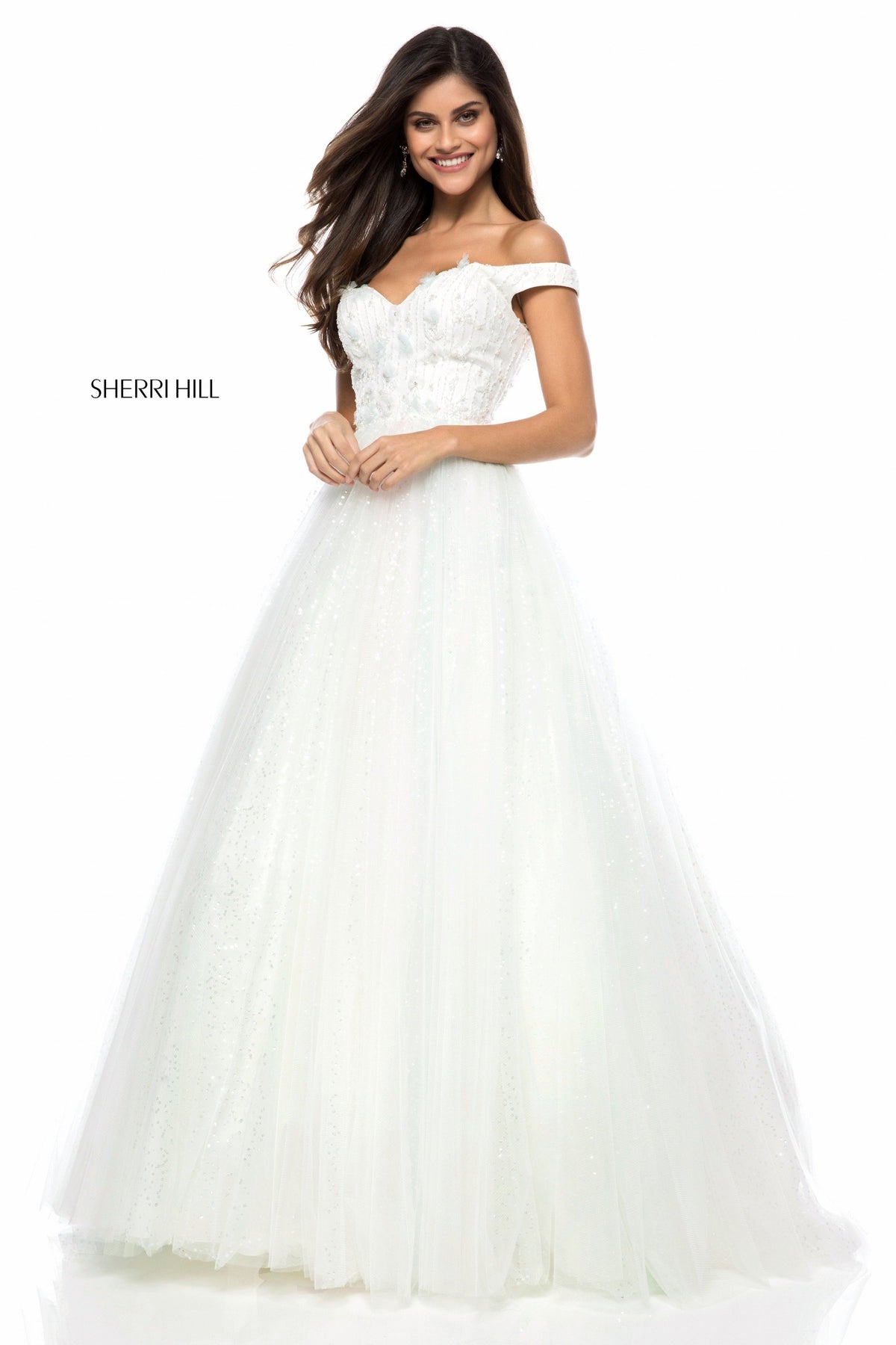Sherri Hill 51990 appliqued bodice with tulle ball gown in ivory/multi