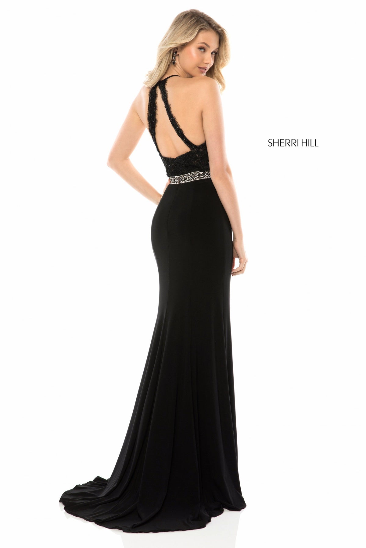 Sherri Hill 51992 appliqued bodice with fitted jersey skirt