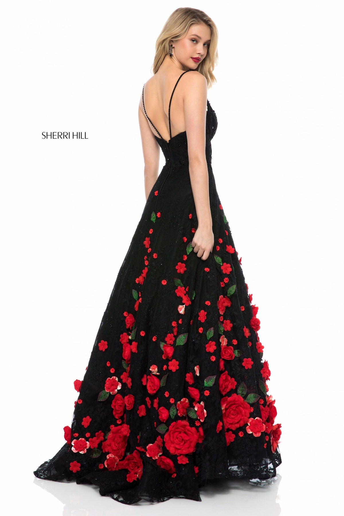 Sherri Hill 51993 lace ball gown with rose flower applique in black/red