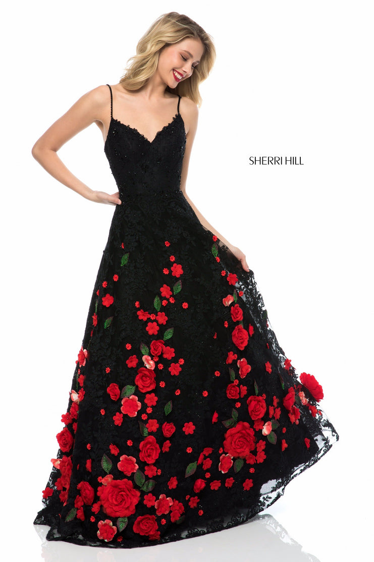 Black Dress With Red Roses Embroidery Dress-091275