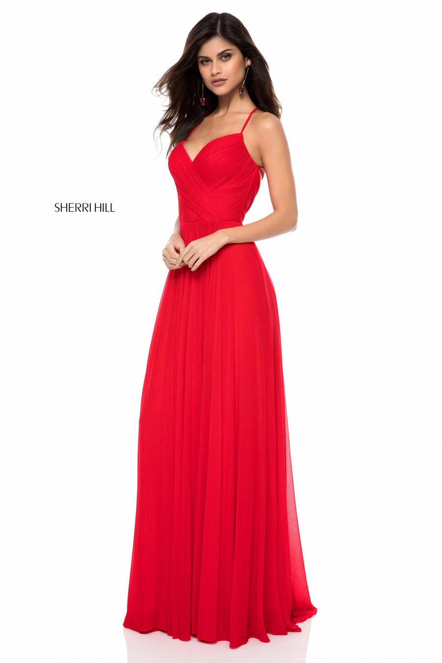 Sherri Hill style 51997 in red, Chiffon Front Cross V Neck Bodice Gown