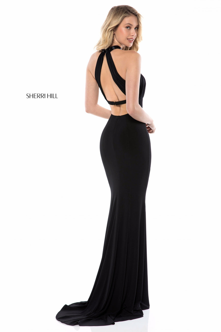 Sherri Hill style 51998 in black, Fitted Jersey Gown with High Neck