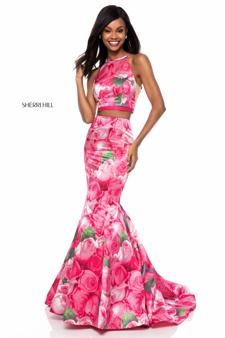 Sherri Hill style 52000 in pink print, Two Piece Mermaid Gown