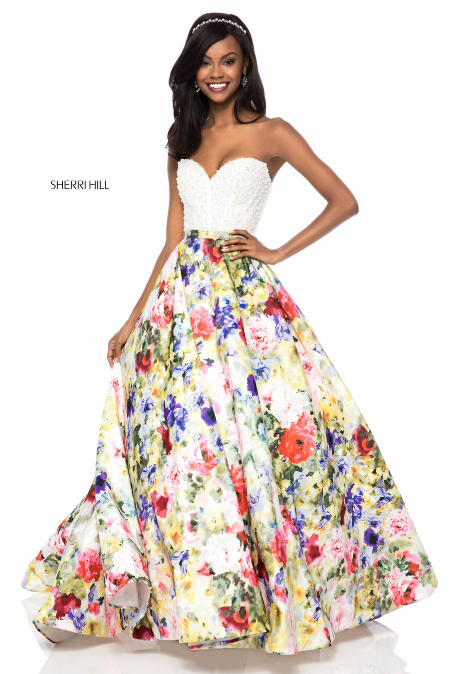 Sherri Hill style 52002 in ivory/print, Corset Bodice with Floral Print Ball Gown