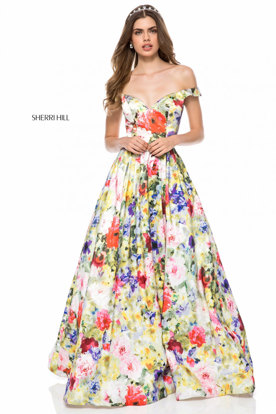 Sherri Hill style 52004 in print, Satin Floral Print A-Line Gown