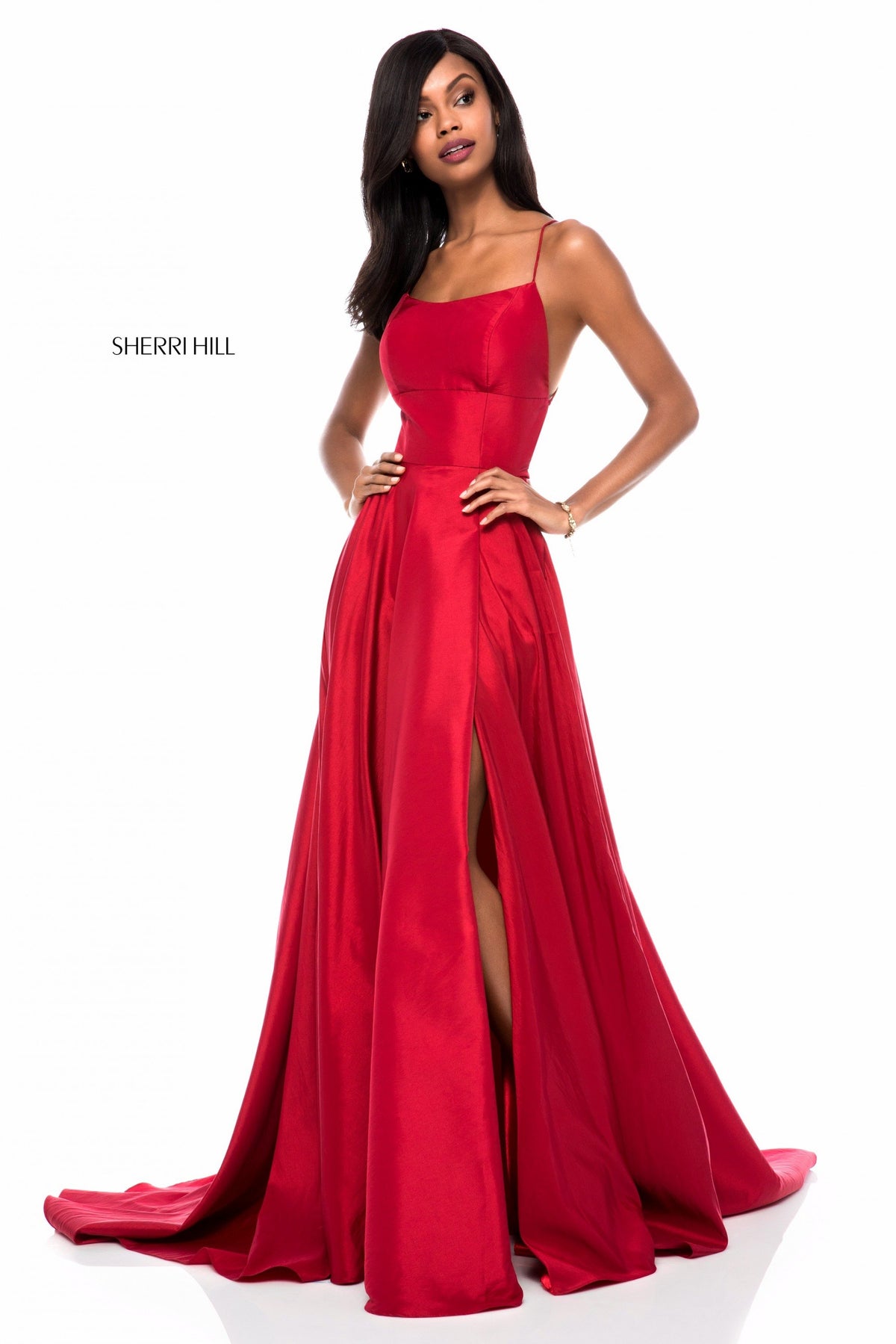 Sherri Hill 52022 taffeta lace-up back A-line skirt in red