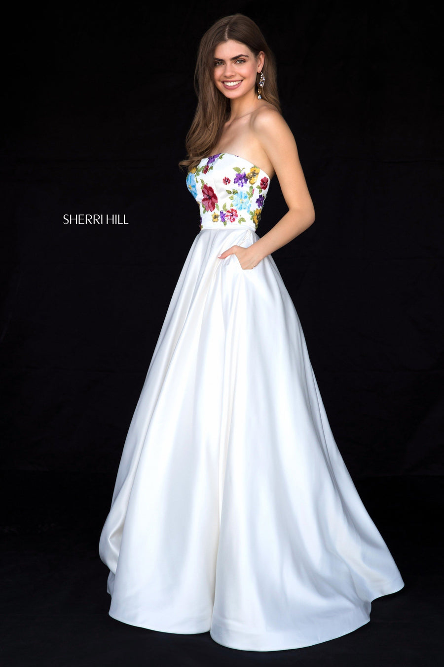 Sherri Hill style 52038 in ivory/multi, Strapless Satin Ball Gown