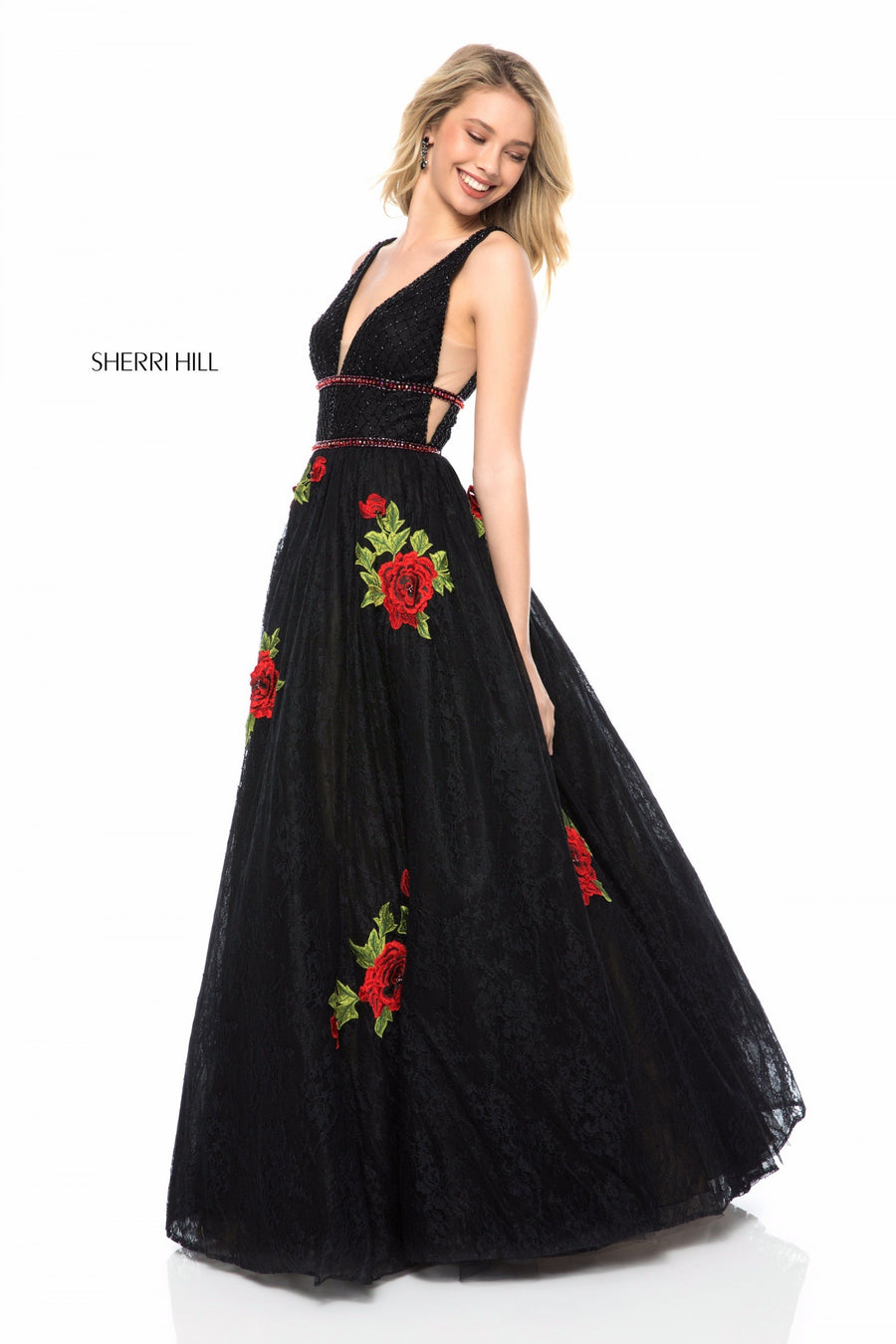 Sherri Hill style 52047 in black/red, Bodice with Lace Appliqued Ball Gown