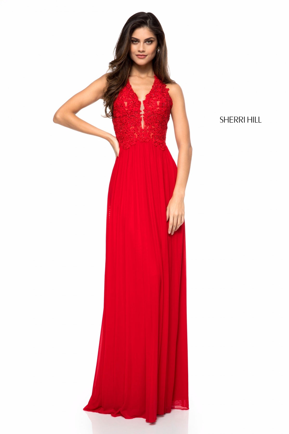 Sherri Hill 51553 appliqued halter bodice with chiffon skirt