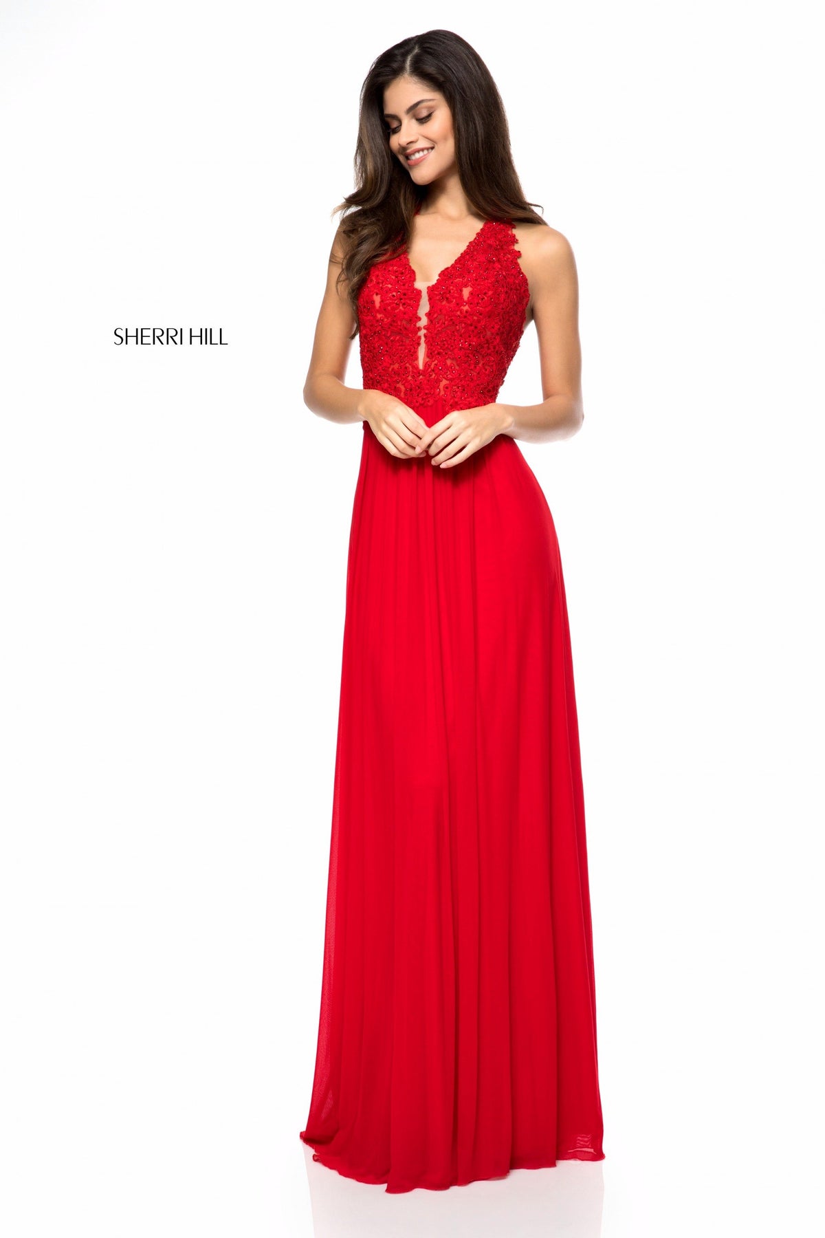 Sherri Hill 51553 appliqued halter bodice with chiffon skirt in red