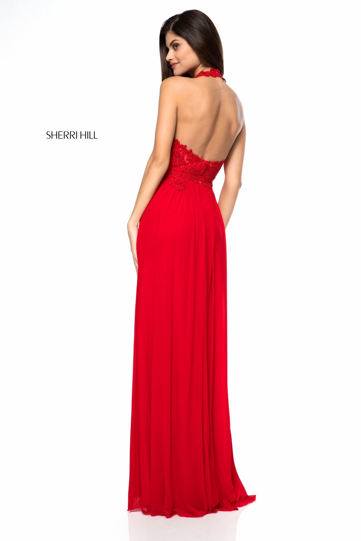 Sherri Hill 51553 appliqued halter bodice with chiffon skirt