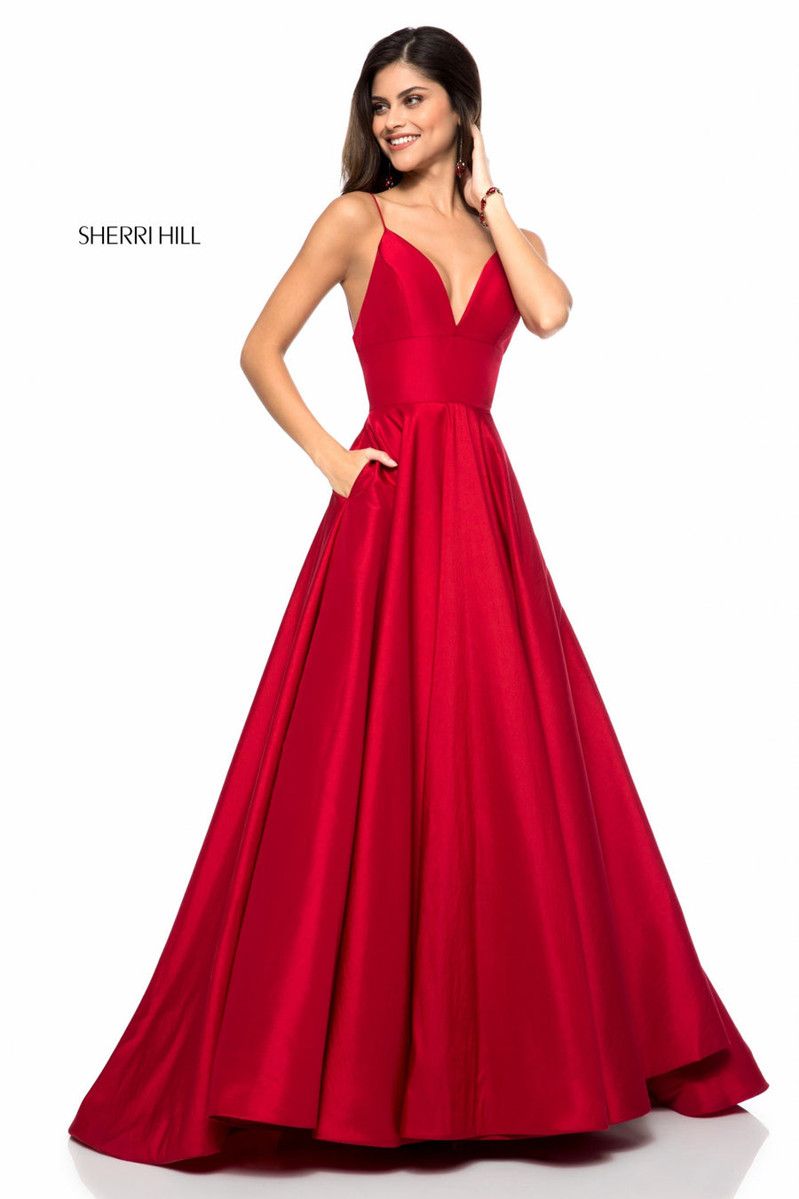 Sherri Hill style 51822 in navy, Taffeta A-Line Gown with V-Neck Bodice