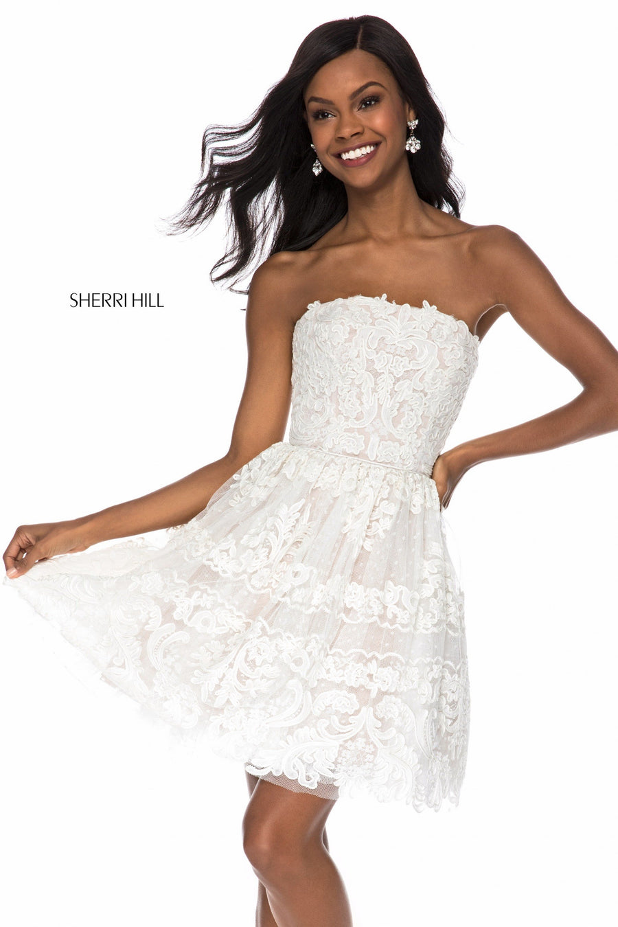 Sherri Hill style 51668 in black, Lace Appliqued Strapless Cocktail Gown
