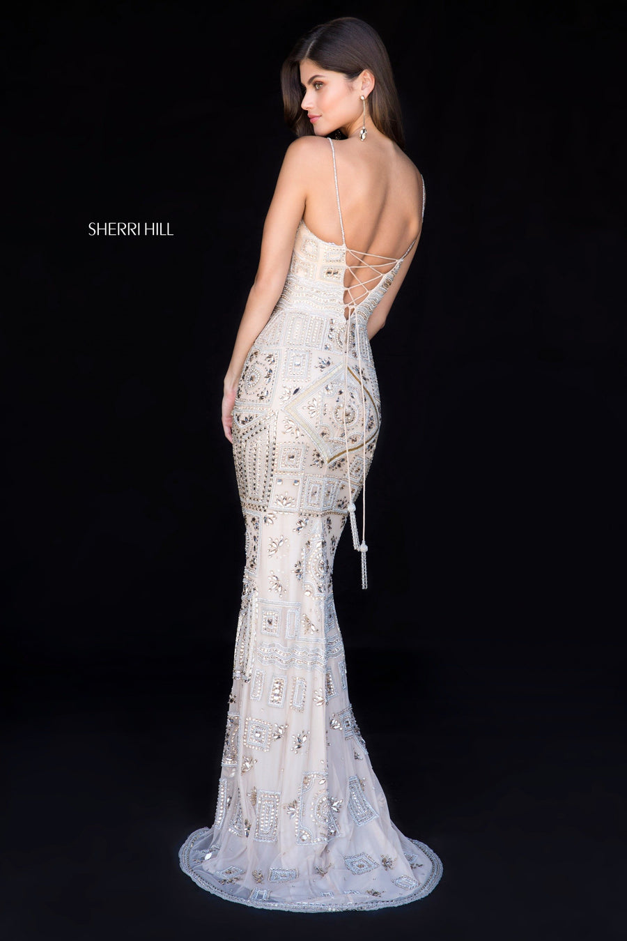 Sherri Hill style 51740 in gold/silver, Fitted Beaded Gown with V Neck Bodice