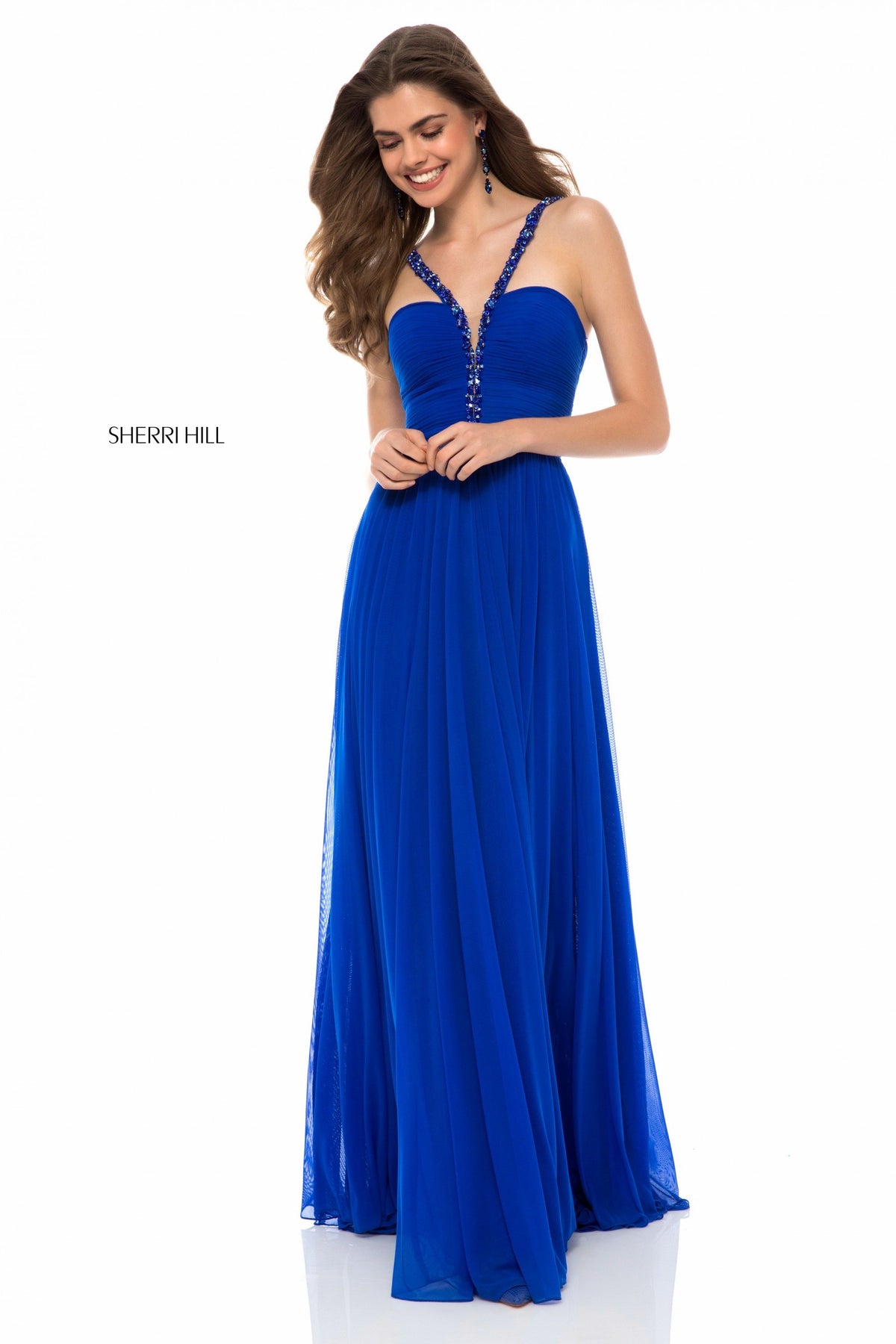 Sherri Hill 51933 chiffon gown with beaded V-neck straps in royal