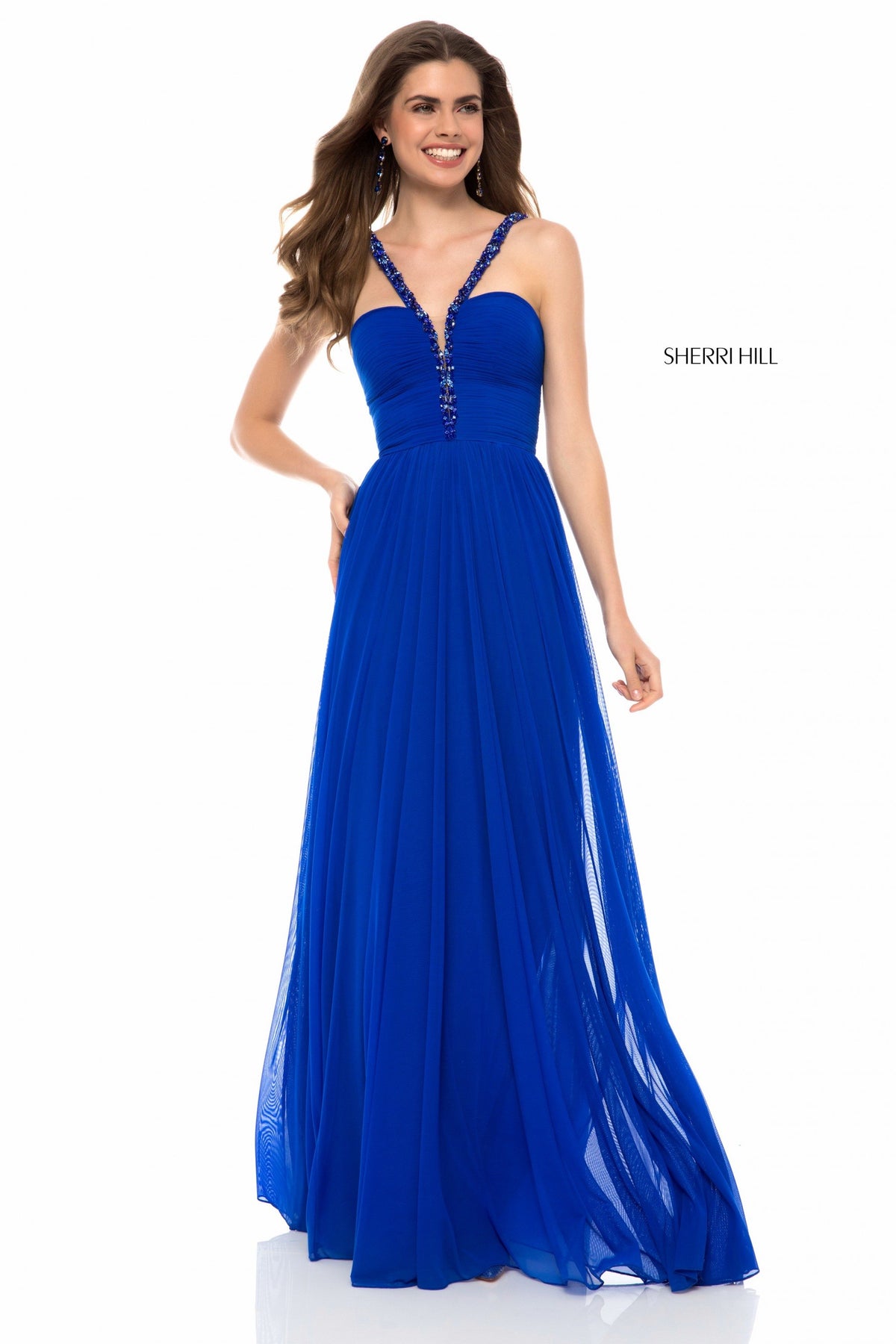 Sherri Hill 51933 chiffon gown with beaded V-neck straps