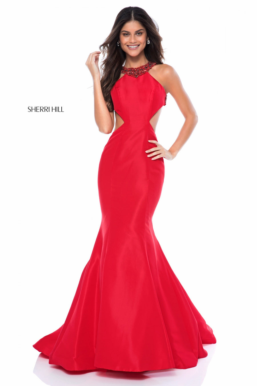 Sherri Hill style 51178 in black, Taffeta Trumpet Gown with Side Cut Outs