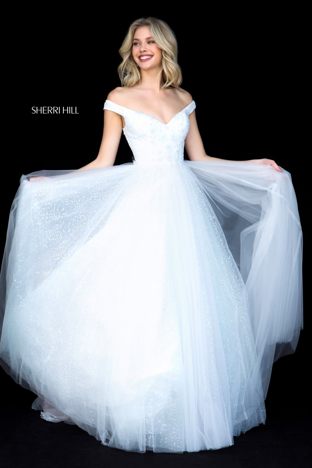 Sherri Hill 51990 appliqued bodice with tulle ball gown in ivory/multi
