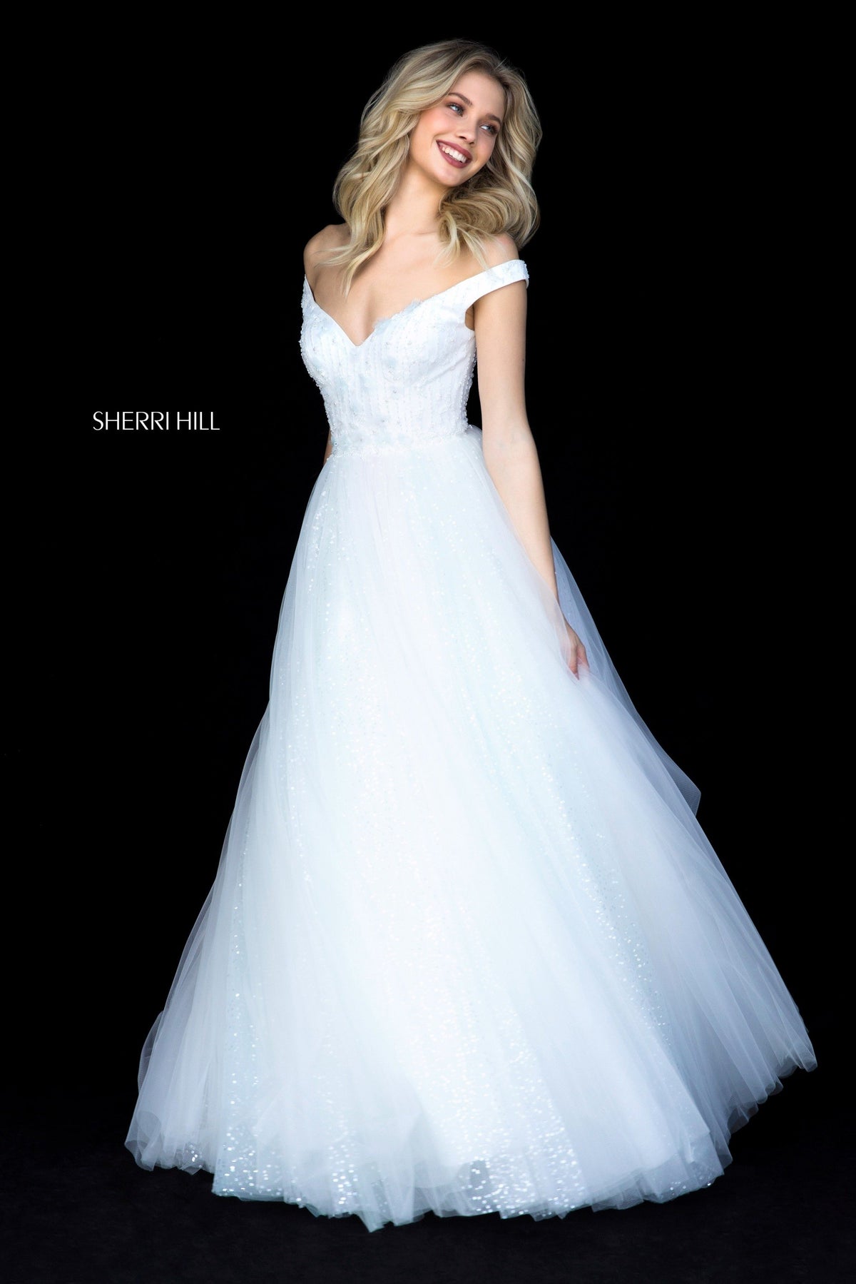 Sherri Hill 51990 appliqued bodice with tulle ball gown in ivory/multi