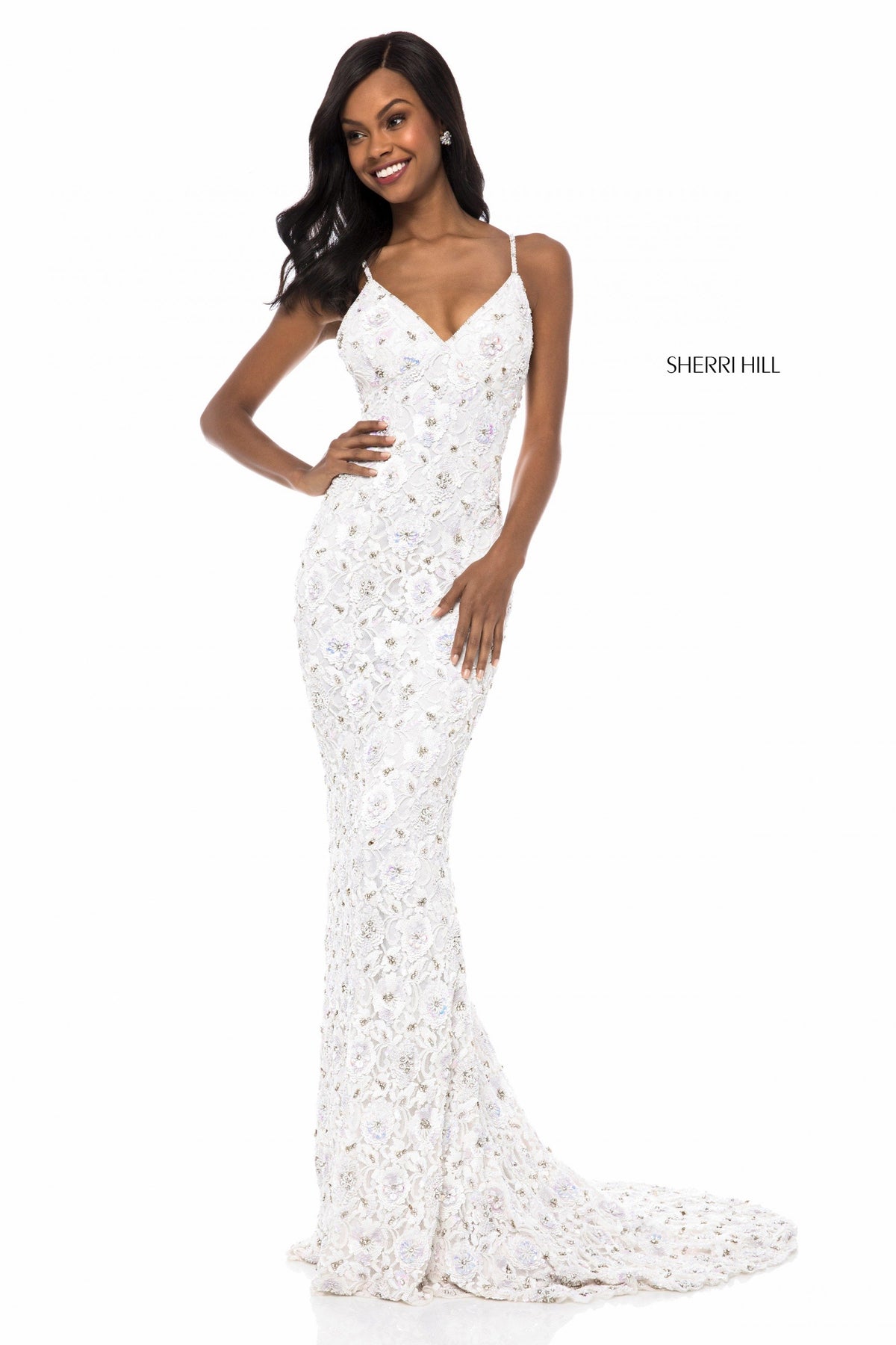 Sherri Hill 52008 fitted beaded V-neck bodice gown in ivory