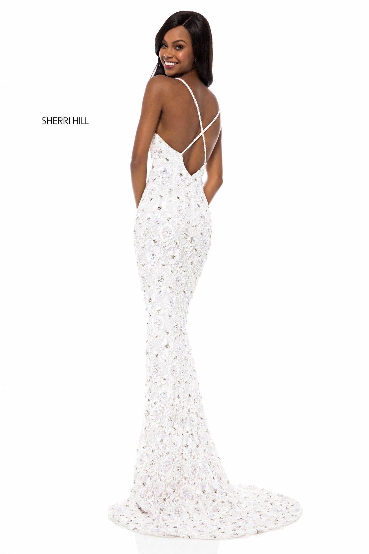 Sherri Hill 52008 fitted beaded V-neck bodice gown in ivory