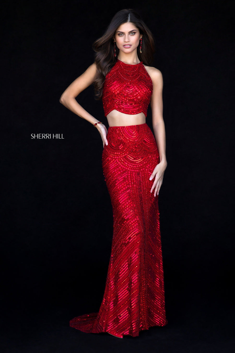 Sherri Hill style 52063 in red, Fitted Sequin Two-Piece Gown