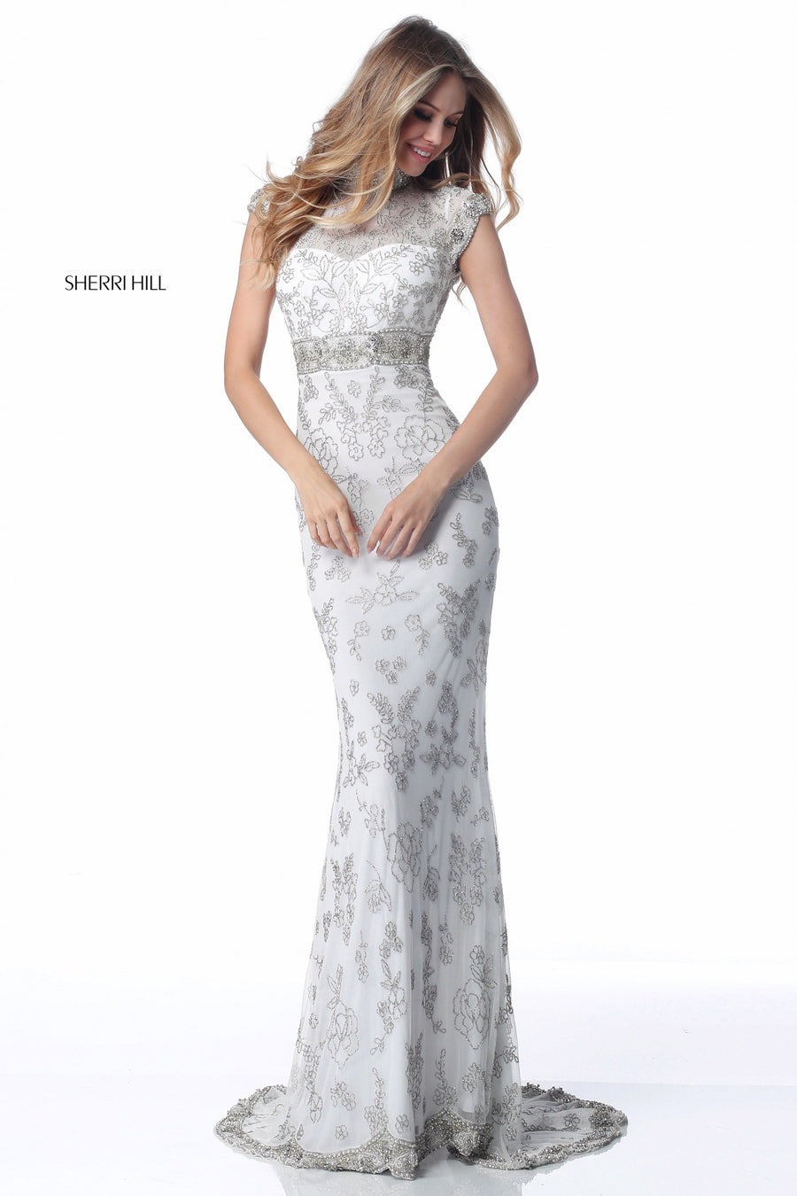 Sherri Hill style 51949 in ivory/silver, Fitted Beaded Gown with Open Back