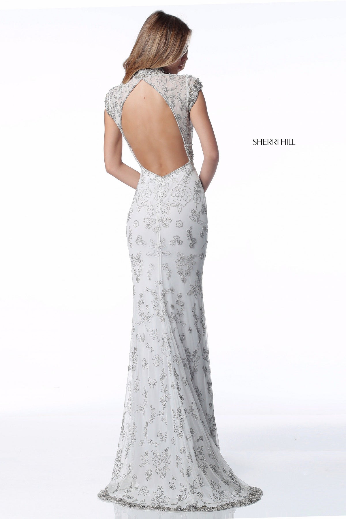 Sherri Hill 51949 fitted beaded gown with open back in ivory/silver