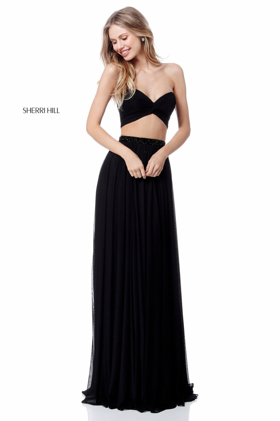 Sherri Hill style 51619 in black, Chiffon Two Piece Slit Skirt with Beaded
