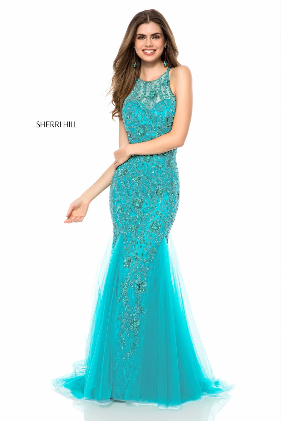 Sherri Hill style 51939 in turquoise, Beaded Gown with Tulle Mermaid Skirt