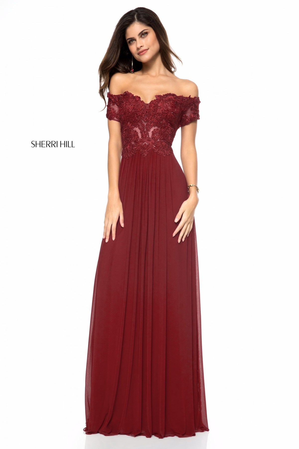 Sherri Hill 51556 lace appliqued bodice with chiffon skirt in burgundy