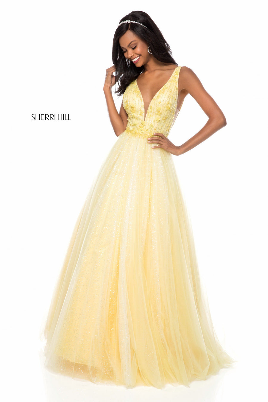 Sherri Hill style 51708 in ivory, Deep V Bodice with Chiffon A-Line Skirt