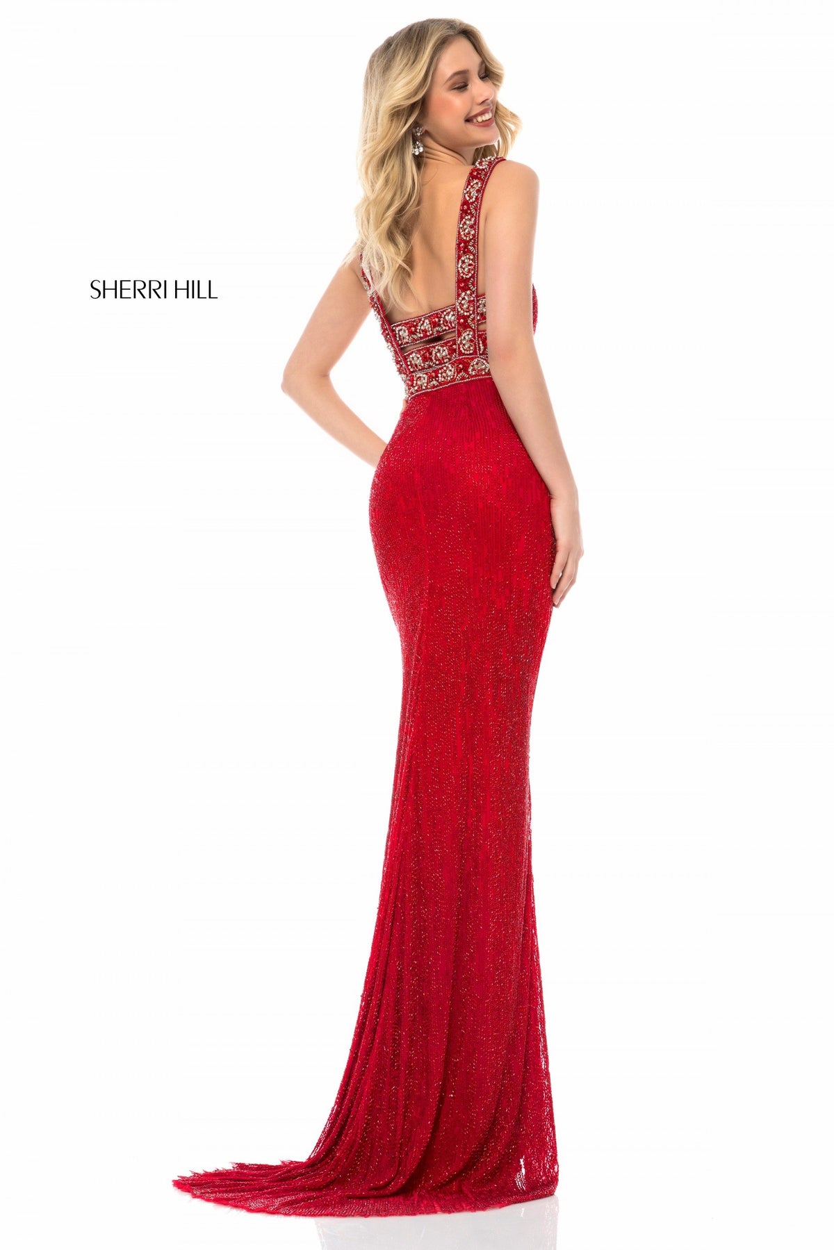 Sherri Hill 51950 beaded fitted gown in red