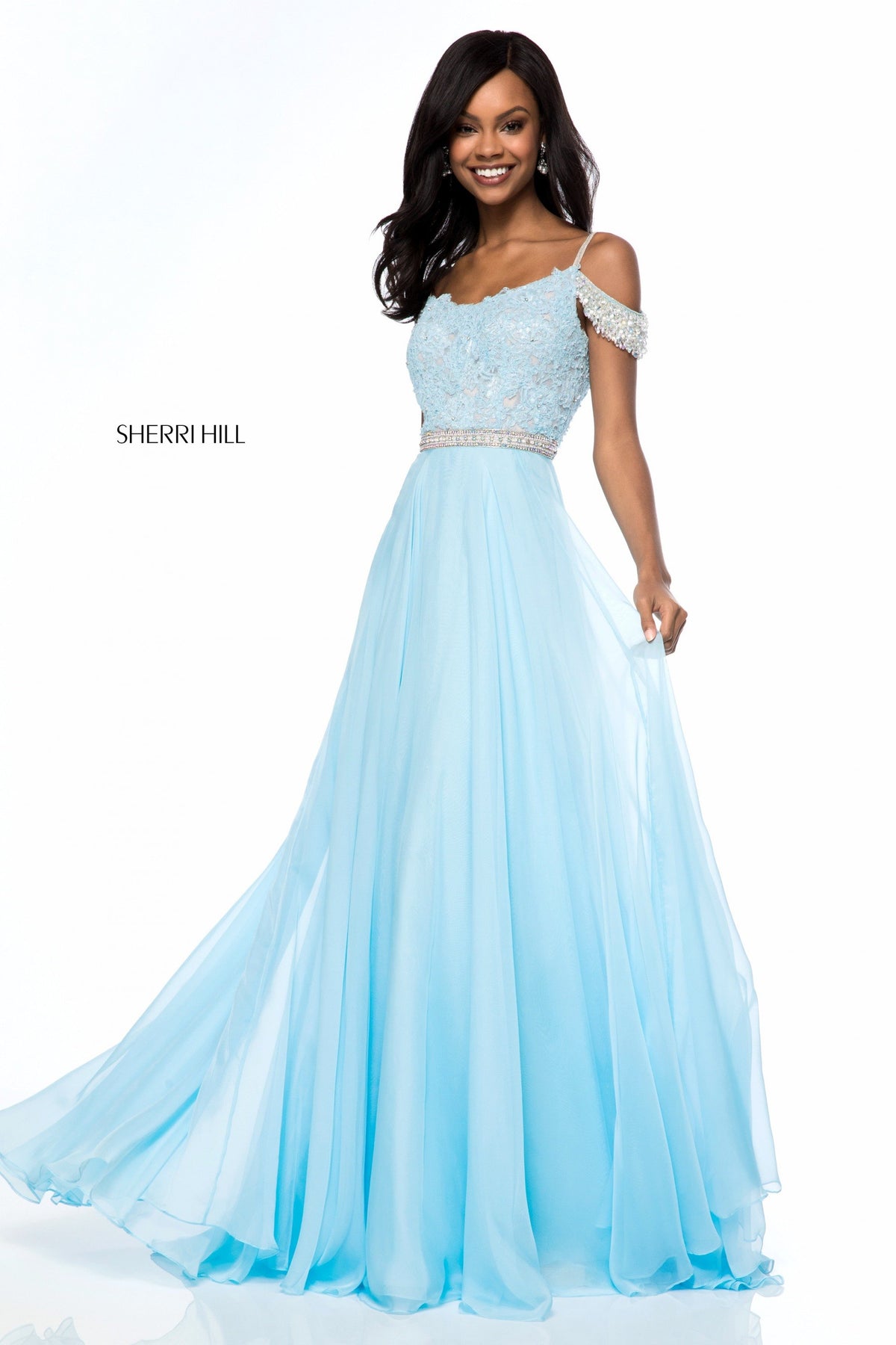 Sherri Hill 51970 lace appliqued bodice with chiffon skirt in light blue