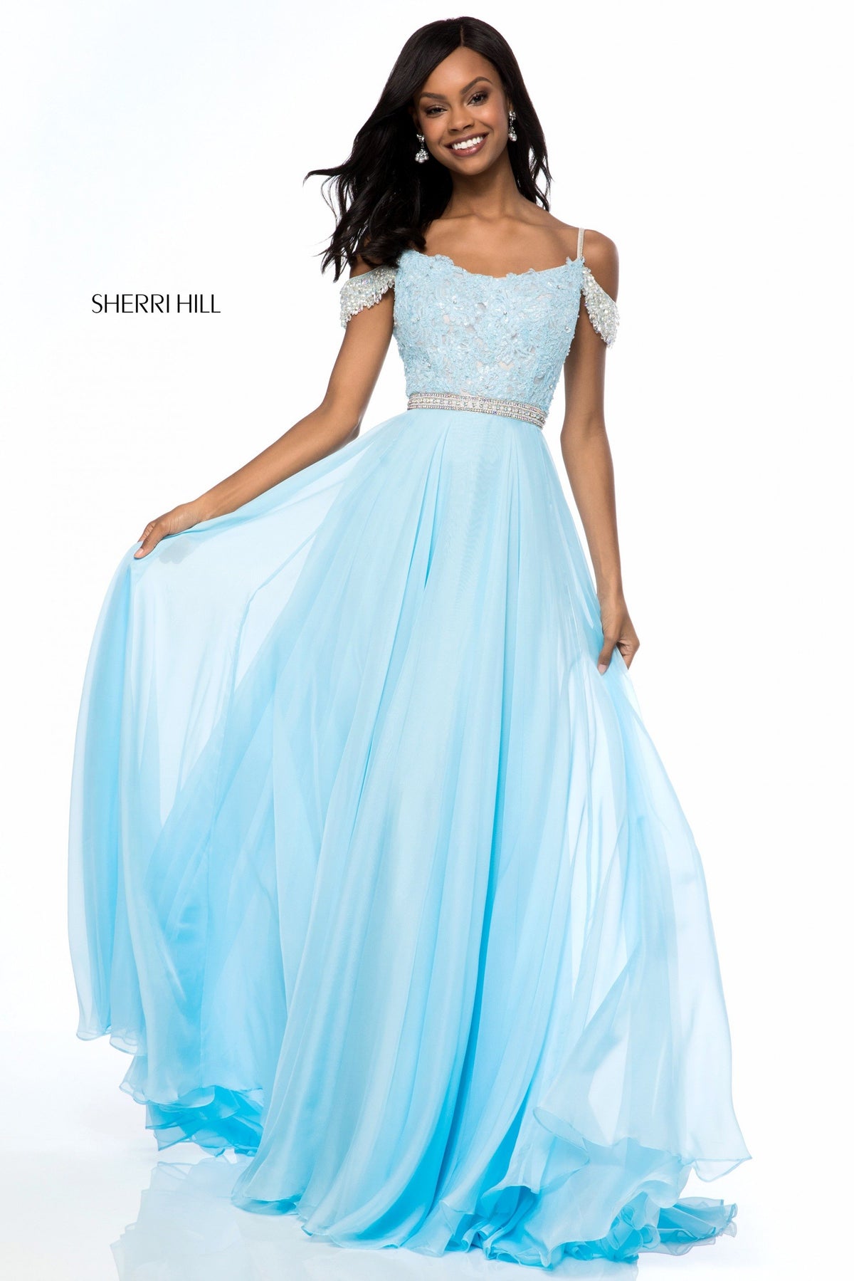 Sherri Hill 51970 lace appliqued bodice with chiffon skirt