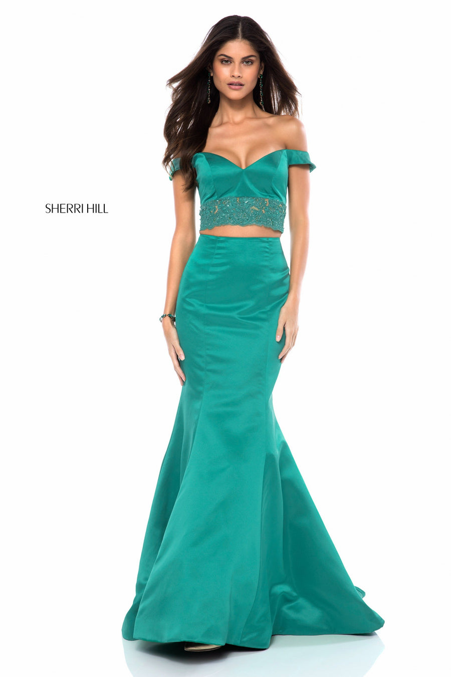 Sherri Hill style 52011 in emerald, Taffeta Mermaid Two Piece Gown