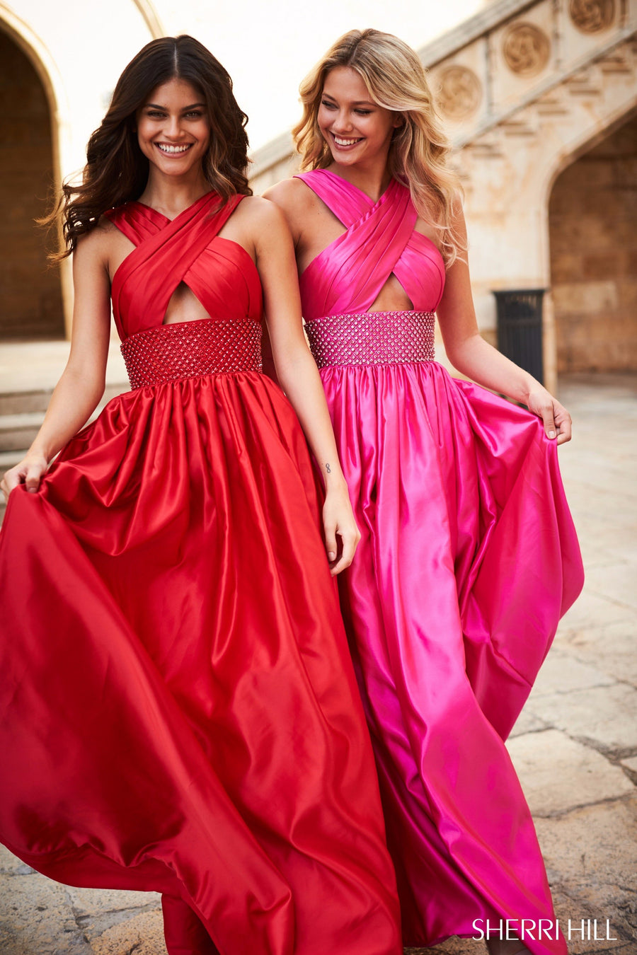 Sherri Hill style 51621 in red, Neck Criss-Cross Keyhole Bodice Ball Gown