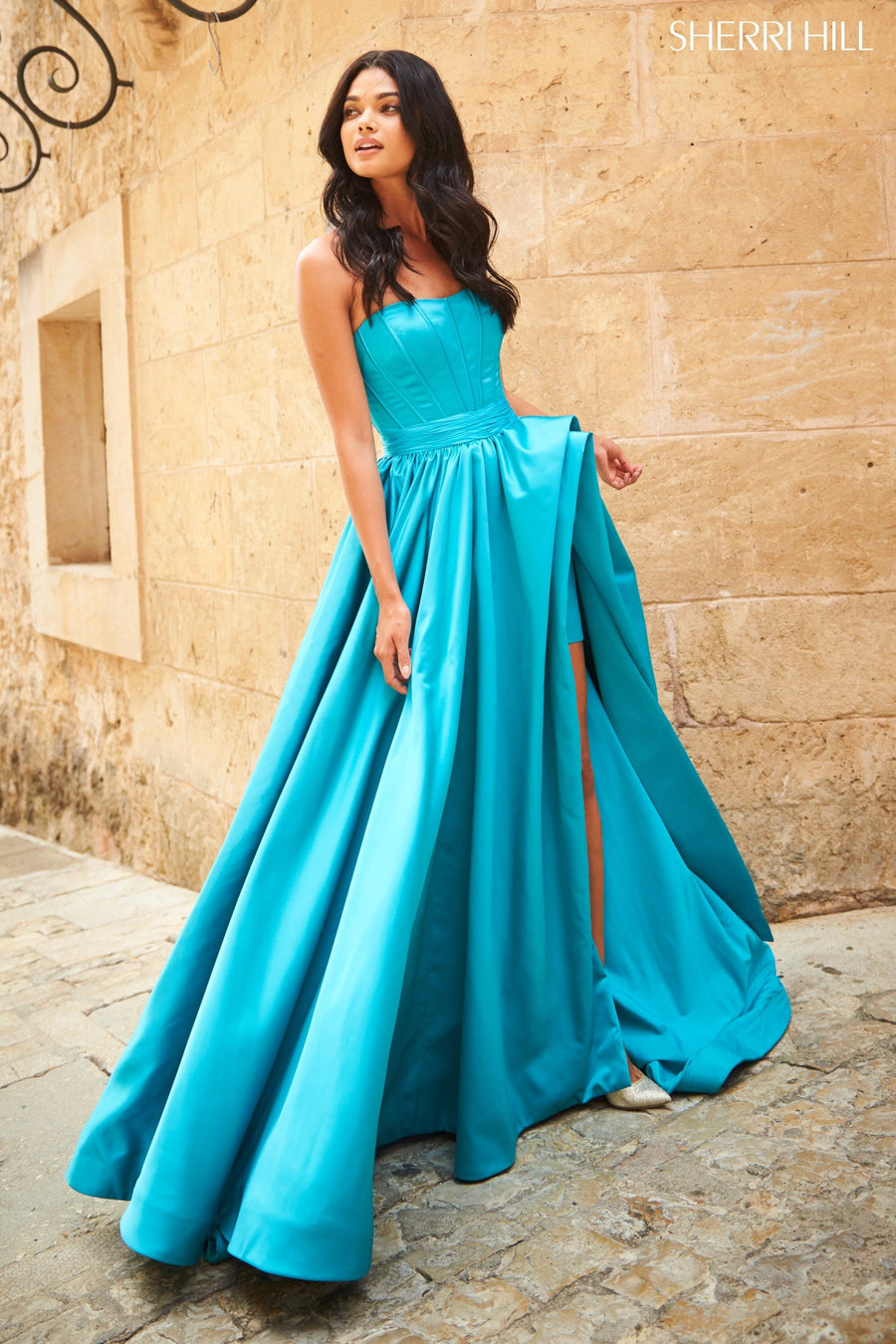 Sherri Hill style 51630 in red, Bodice with A-Line Ruffle Slit Skirt