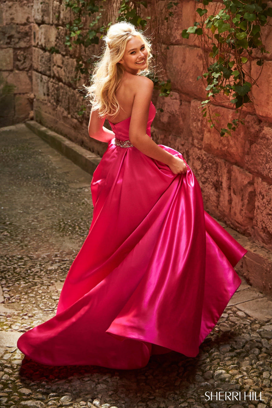 Sherri Hill style 51609 in wine, Strapless Satin Ball Gown